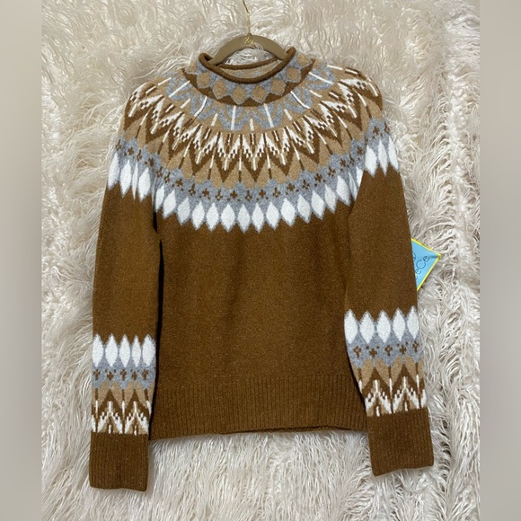 ❄️ NWT ❄️ Cece Fair Isle Funnel Neck Sweater, Size XS, Toasted Beige - Picture 2 of 5